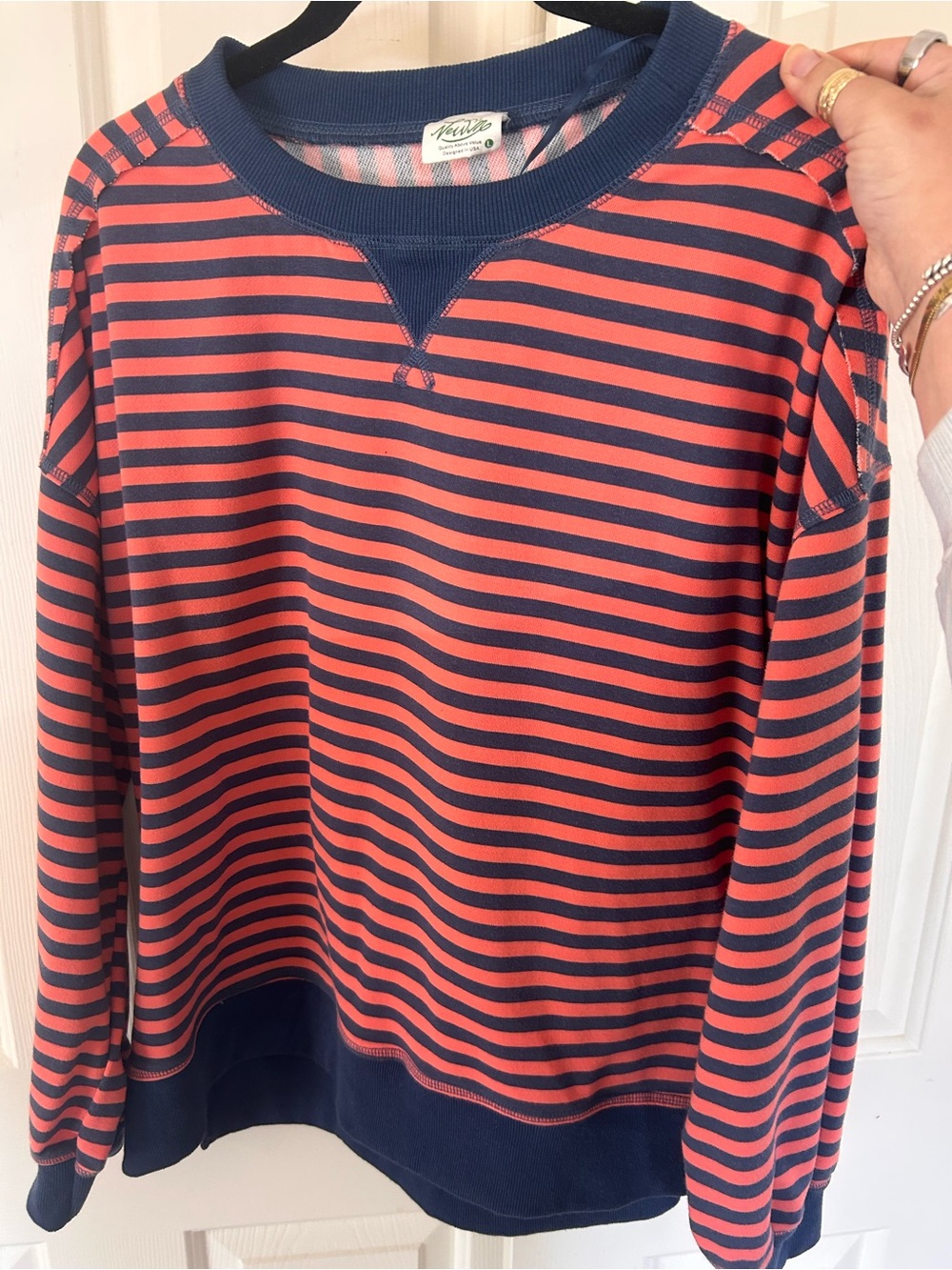 Nautica Coral and Navy Striped Crewneck Sweatshirt